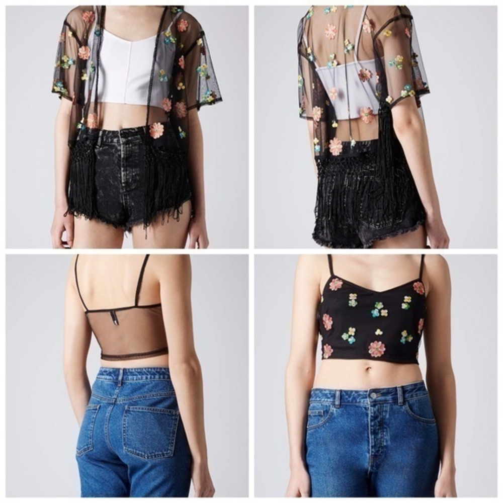 2 PC. FESTIVAL TOPSHOP SHEER FRINGE KIMONO AND CROP TOP